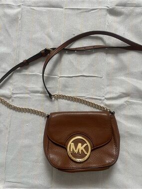 Michael Kors Chestnut Brown Leather Crossbody with Gold MK Emblem